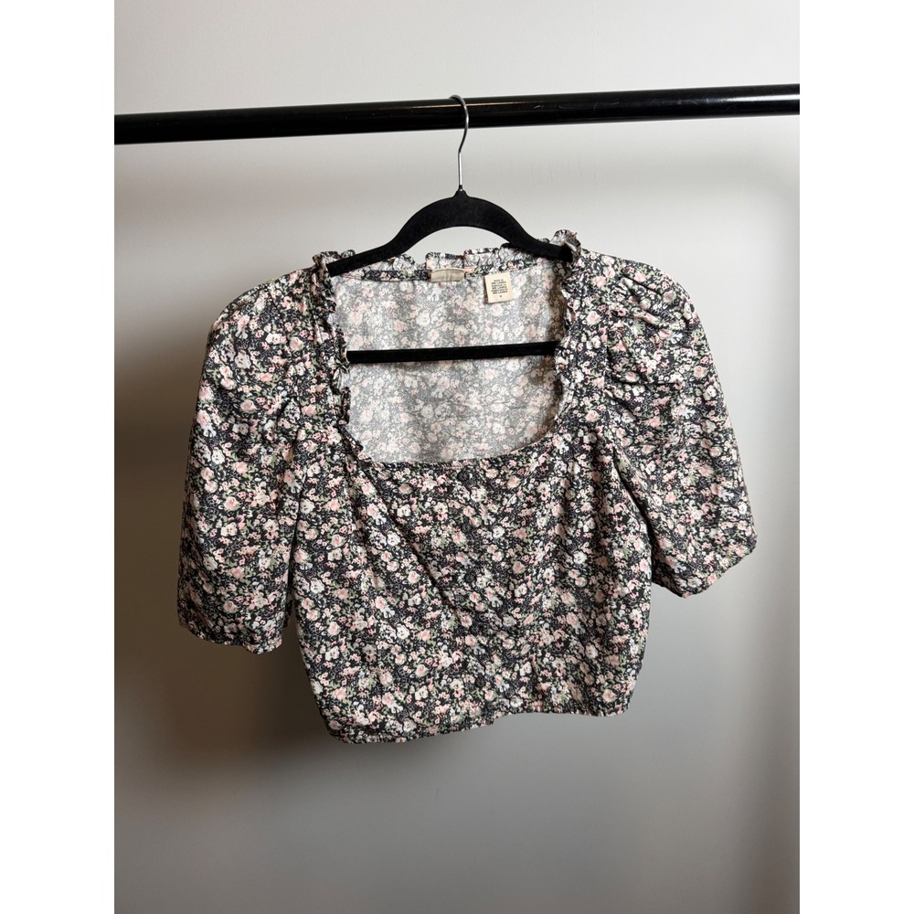 Levis Womens Floral Puff Sleeve Crop Top Square Neck Cotton Black Pink Size M